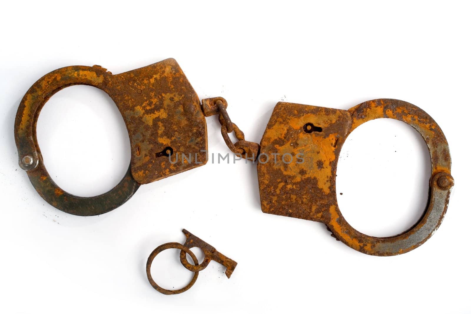 old rusty handcuffs on a white background