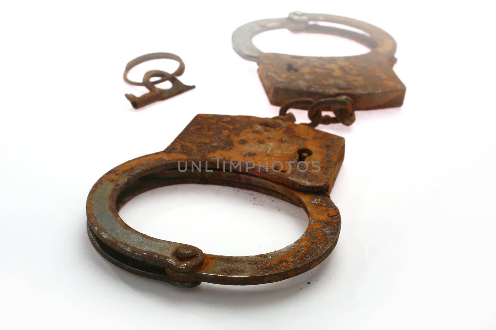 old rusty handcuffs on a white background