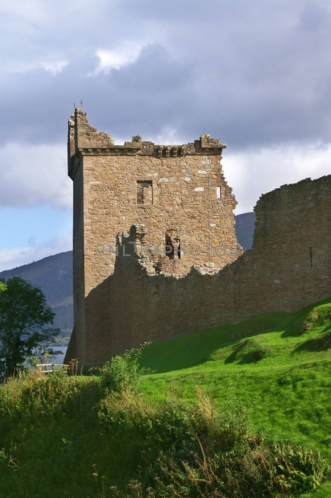 famous scottisch urquhart castle at  loch ness on a hill