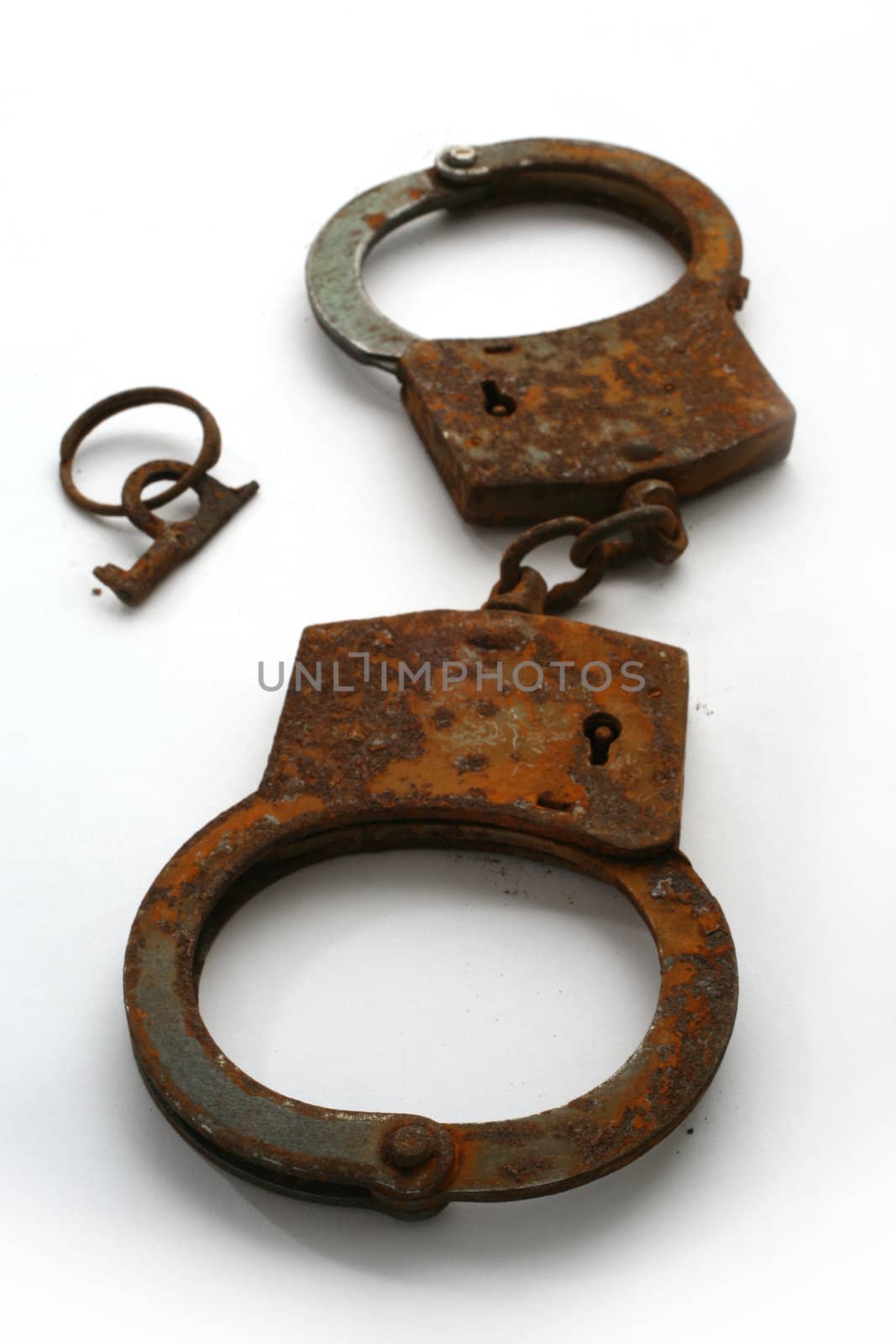 old rusty handcuffs on a white background