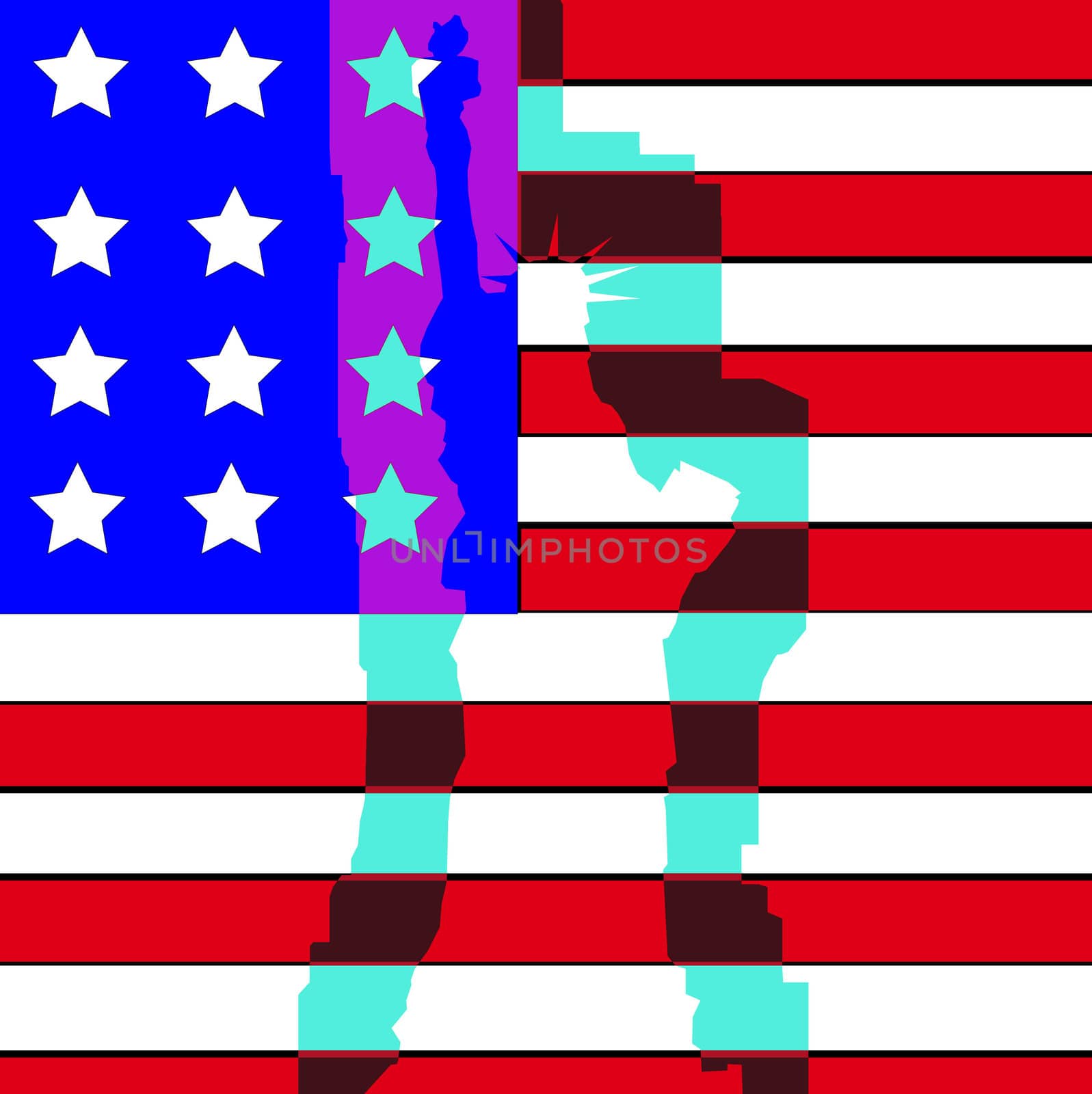 The Statue Of Liberty in front of the American flag.
