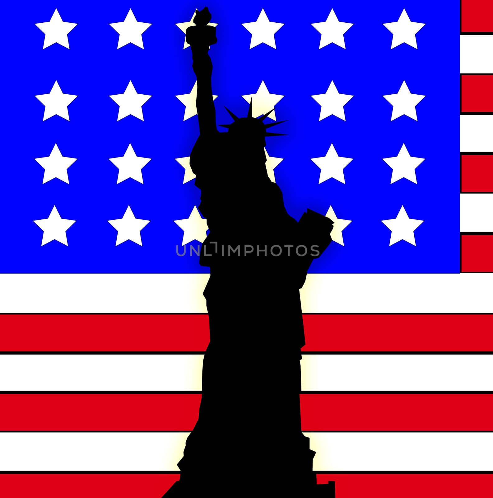 The Statue Of Liberty in front of the American flag.