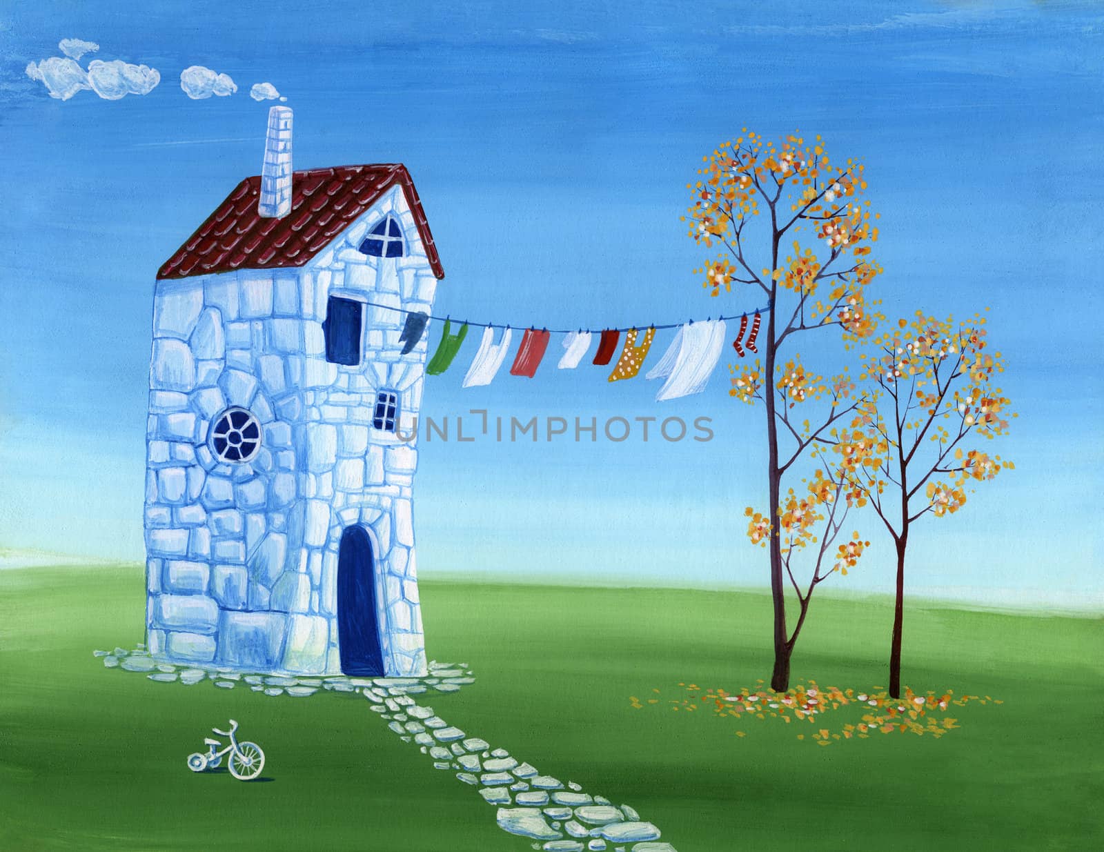 Surrealist house on the lawn with two trees (painting)