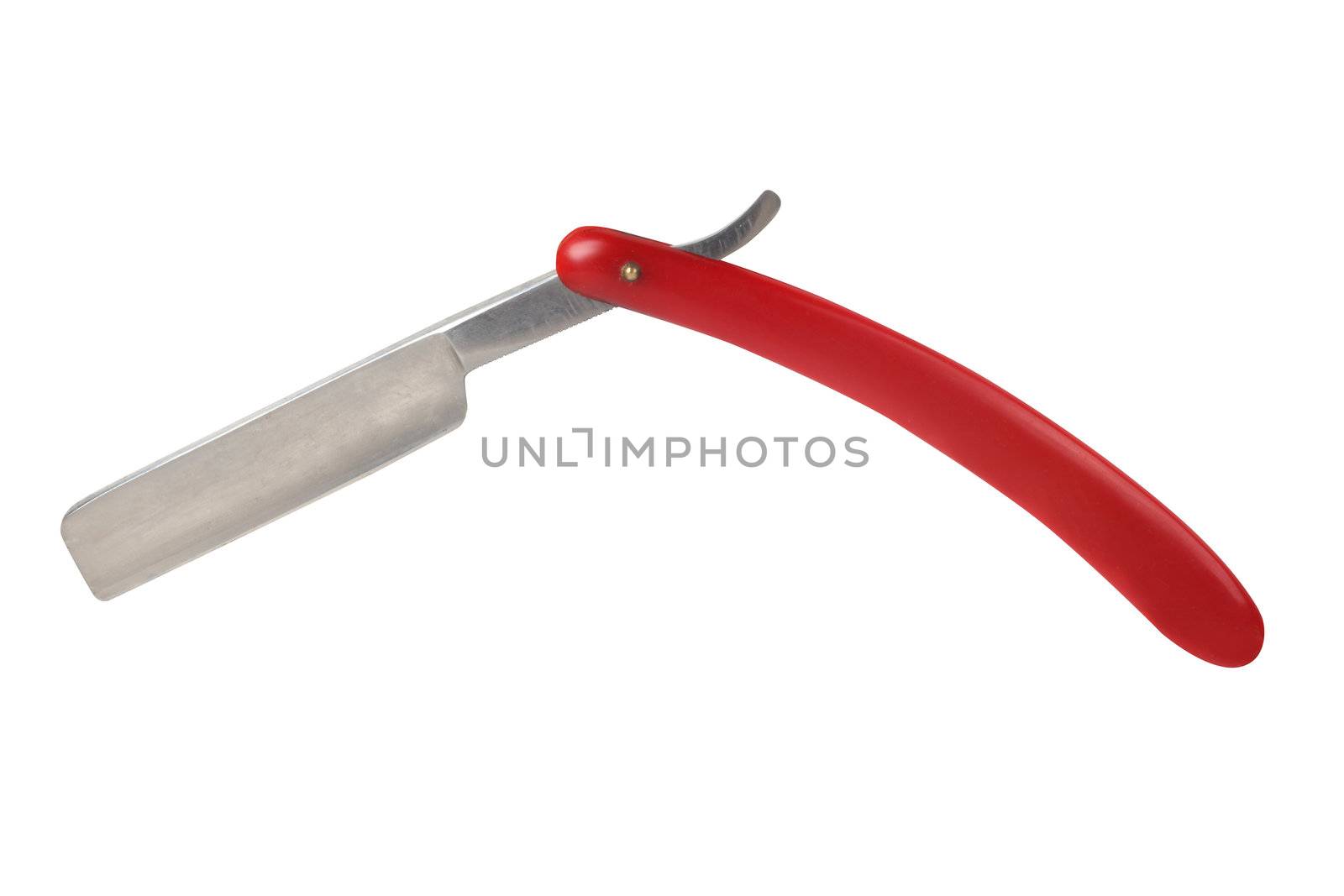 old razor with a red handle on a white background