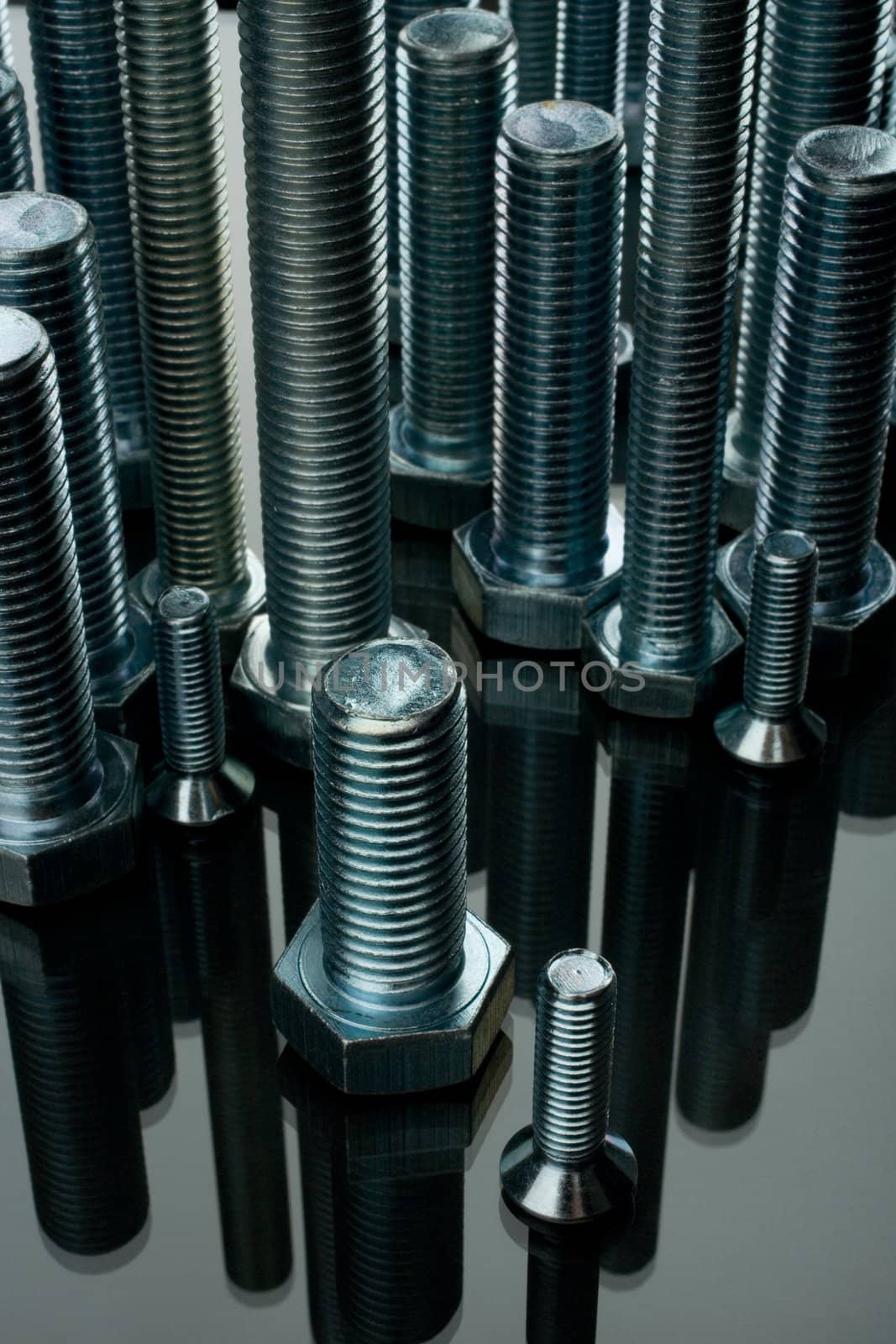 brilliant bolts of various sizes on a white background