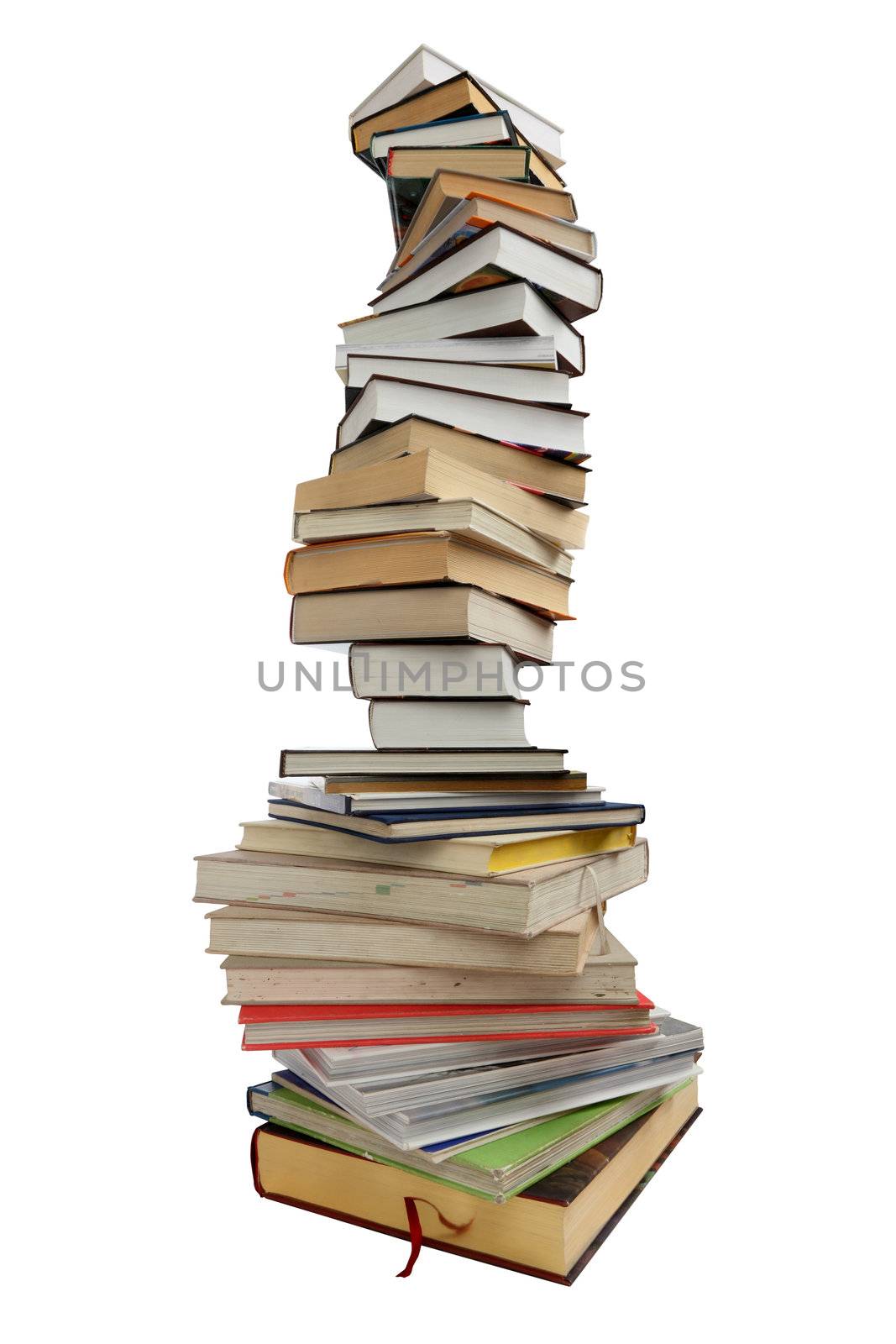 Stack of different books on a white background