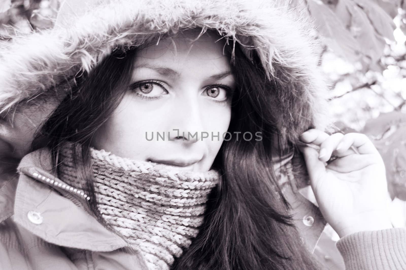 beautiful girl in fur, black and white image