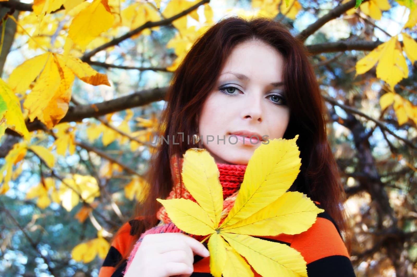 smiling girl under autumn yellow chestnut tree