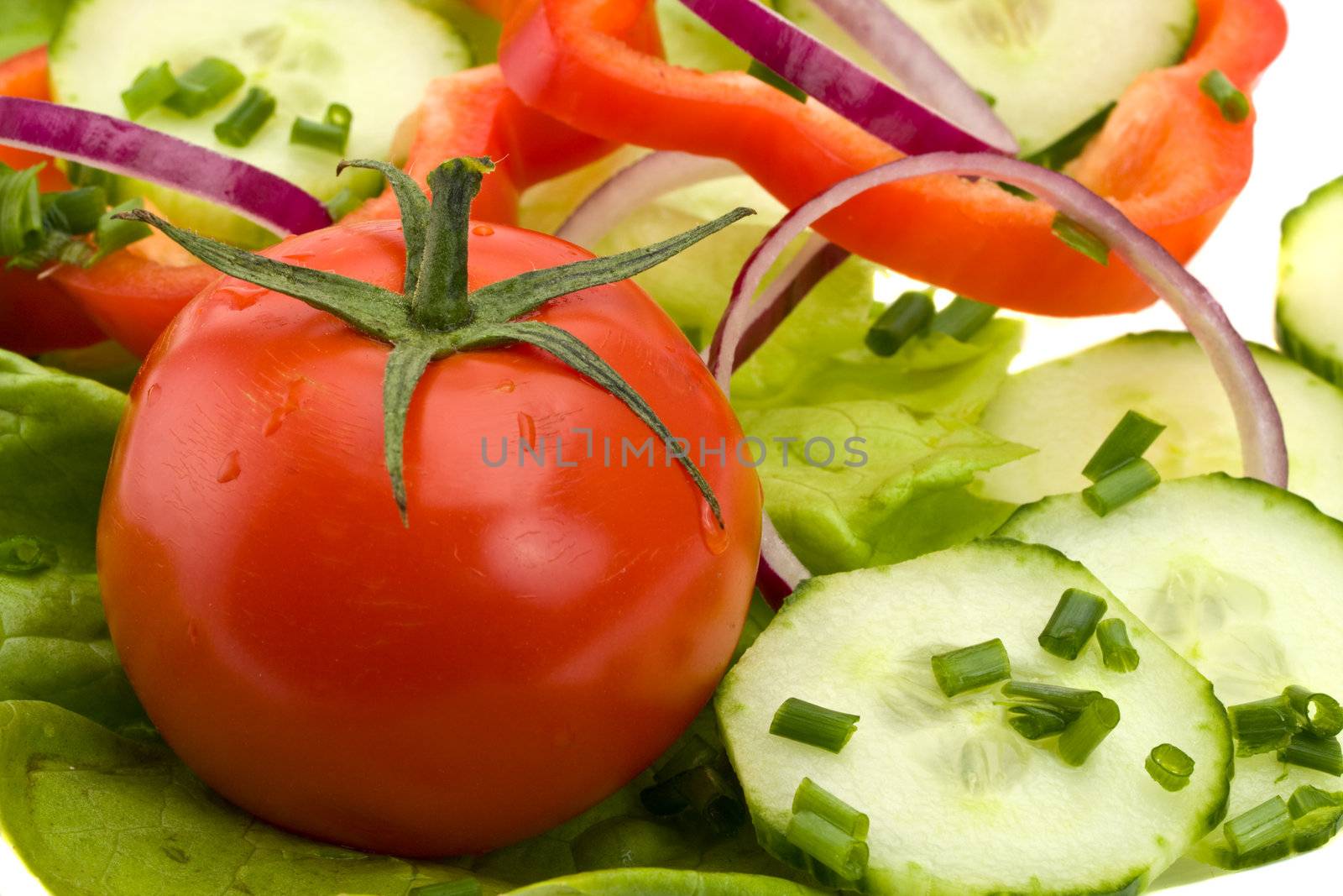 closeup of a tomato on a bed of salad by bernjuer