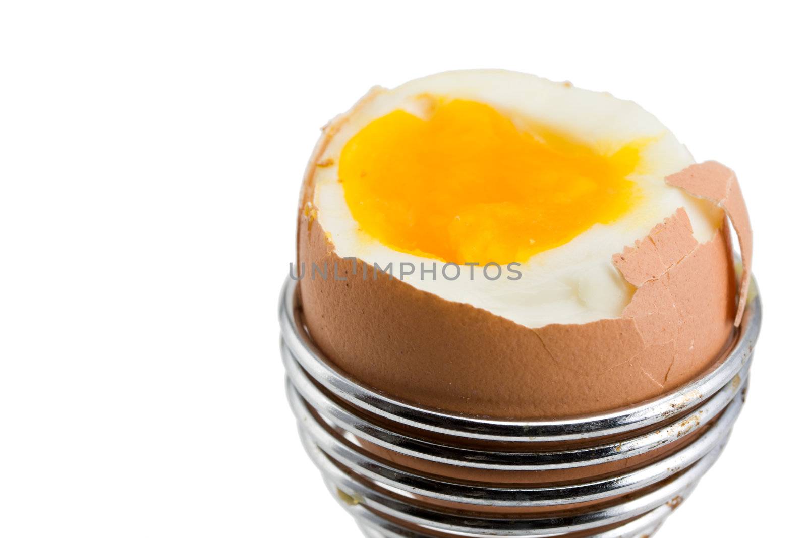 brown egg in an eggcup on white background by bernjuer