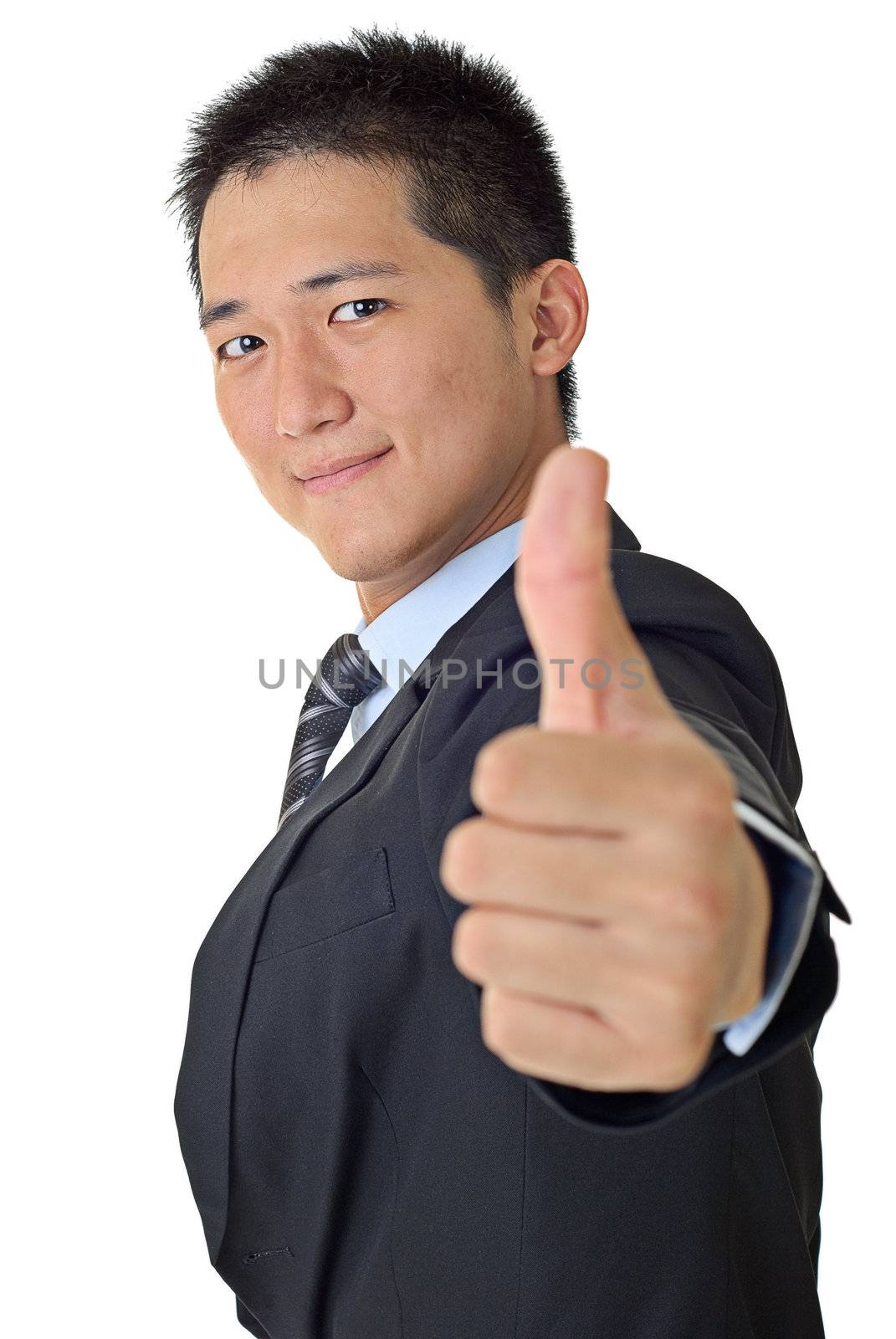 Handsome business man portrait of Asian with thumb up.