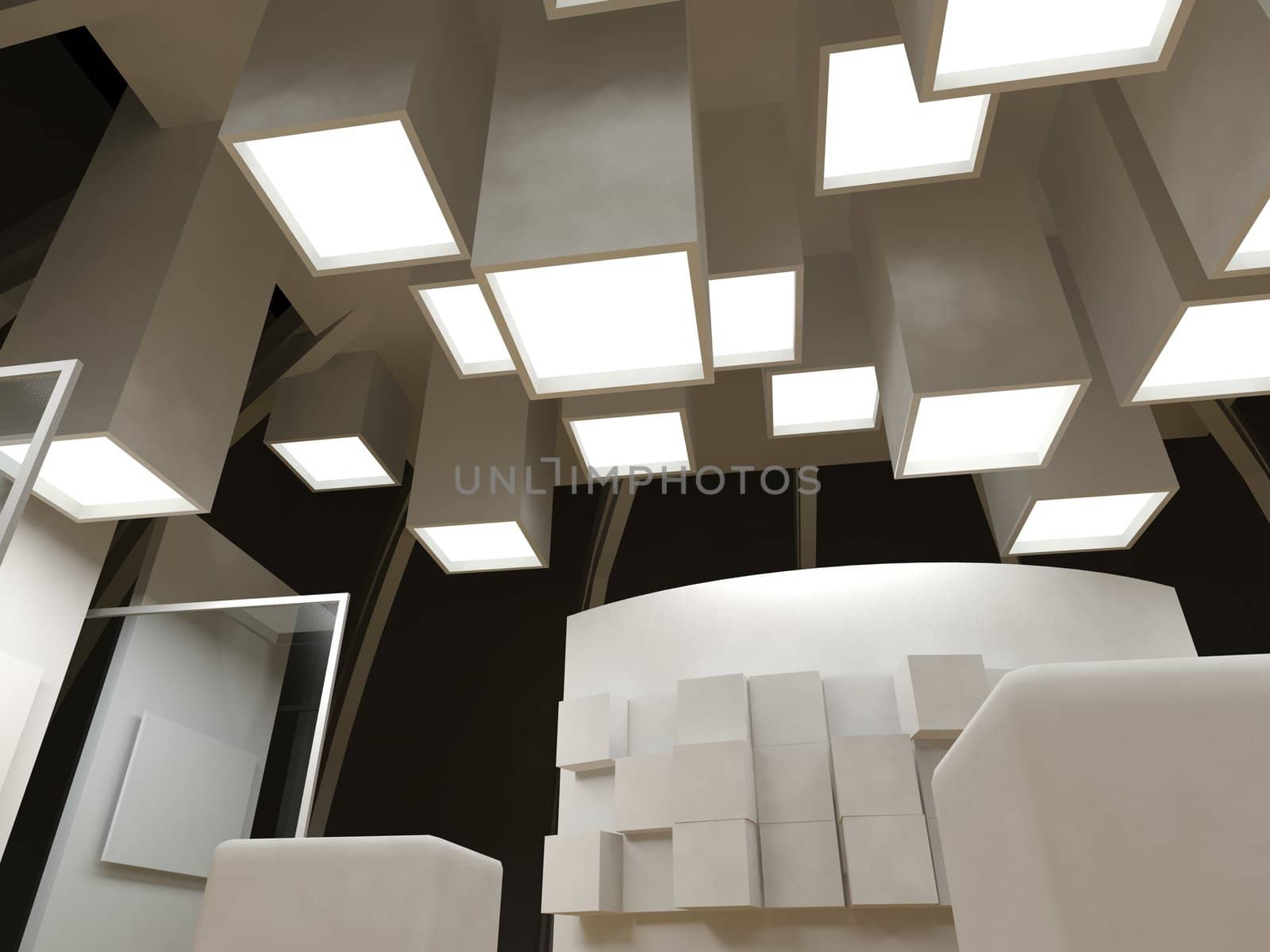 Art gallery with blank frames, modern building, conceptual architecture