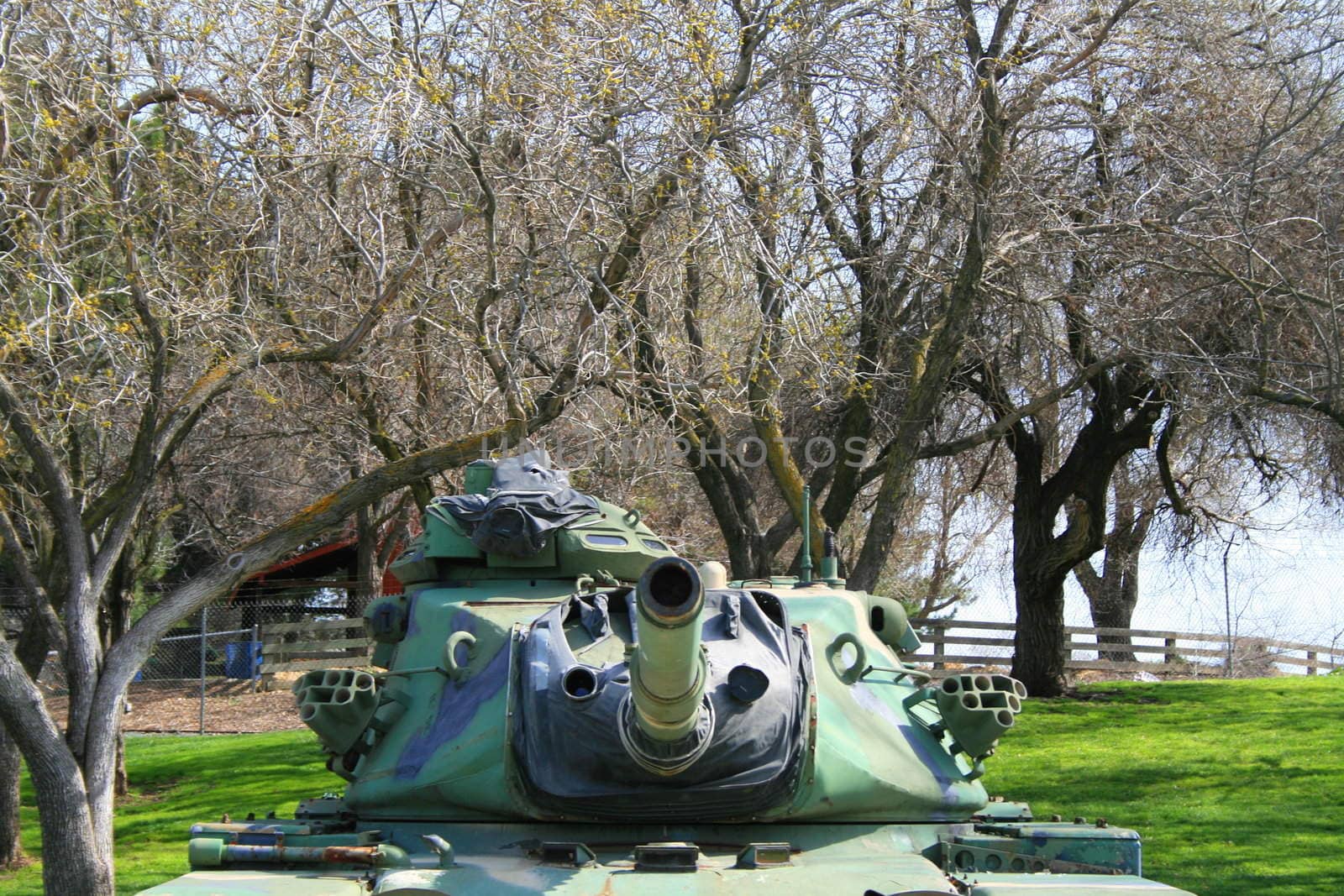 U.S. Military tank parked in a veterans memorial center.
