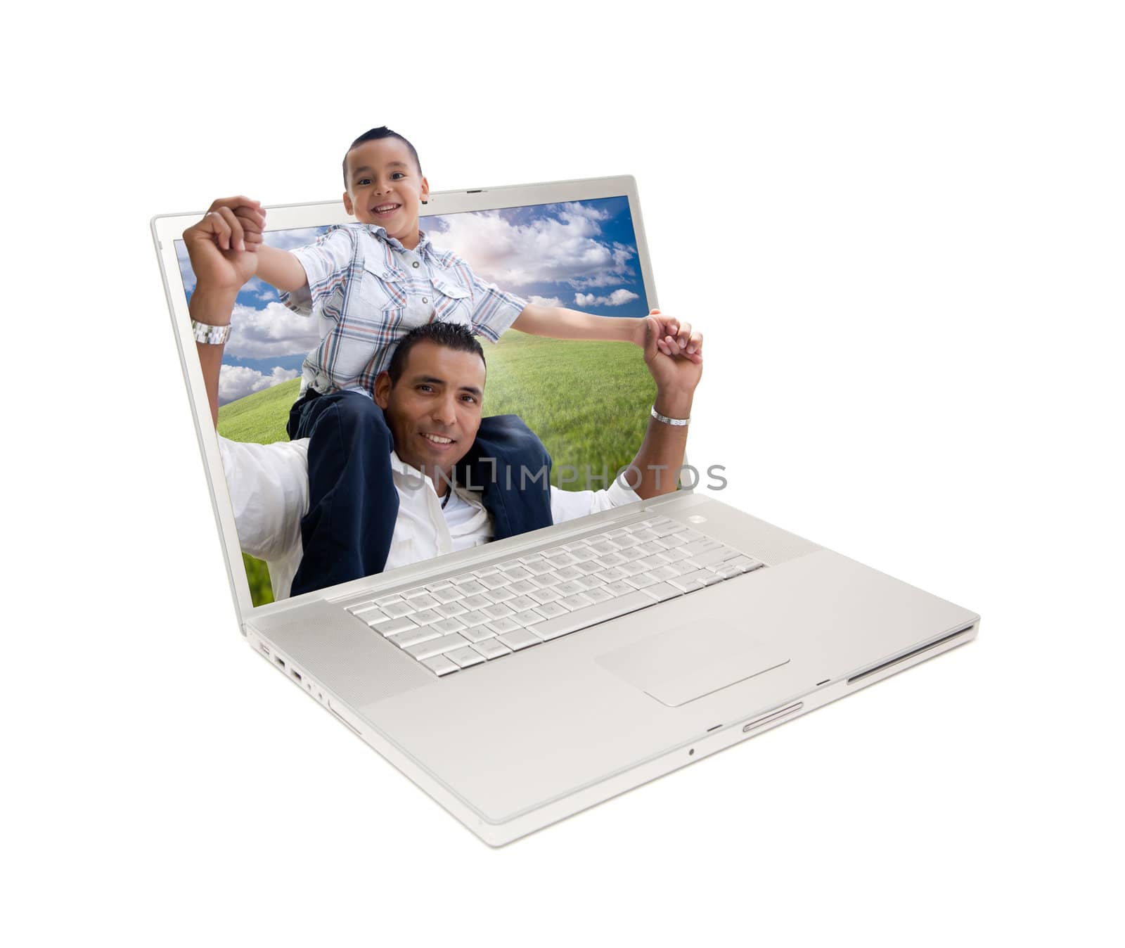 Happy Hispanic Father and Son in Laptop Screen Isolated on White.