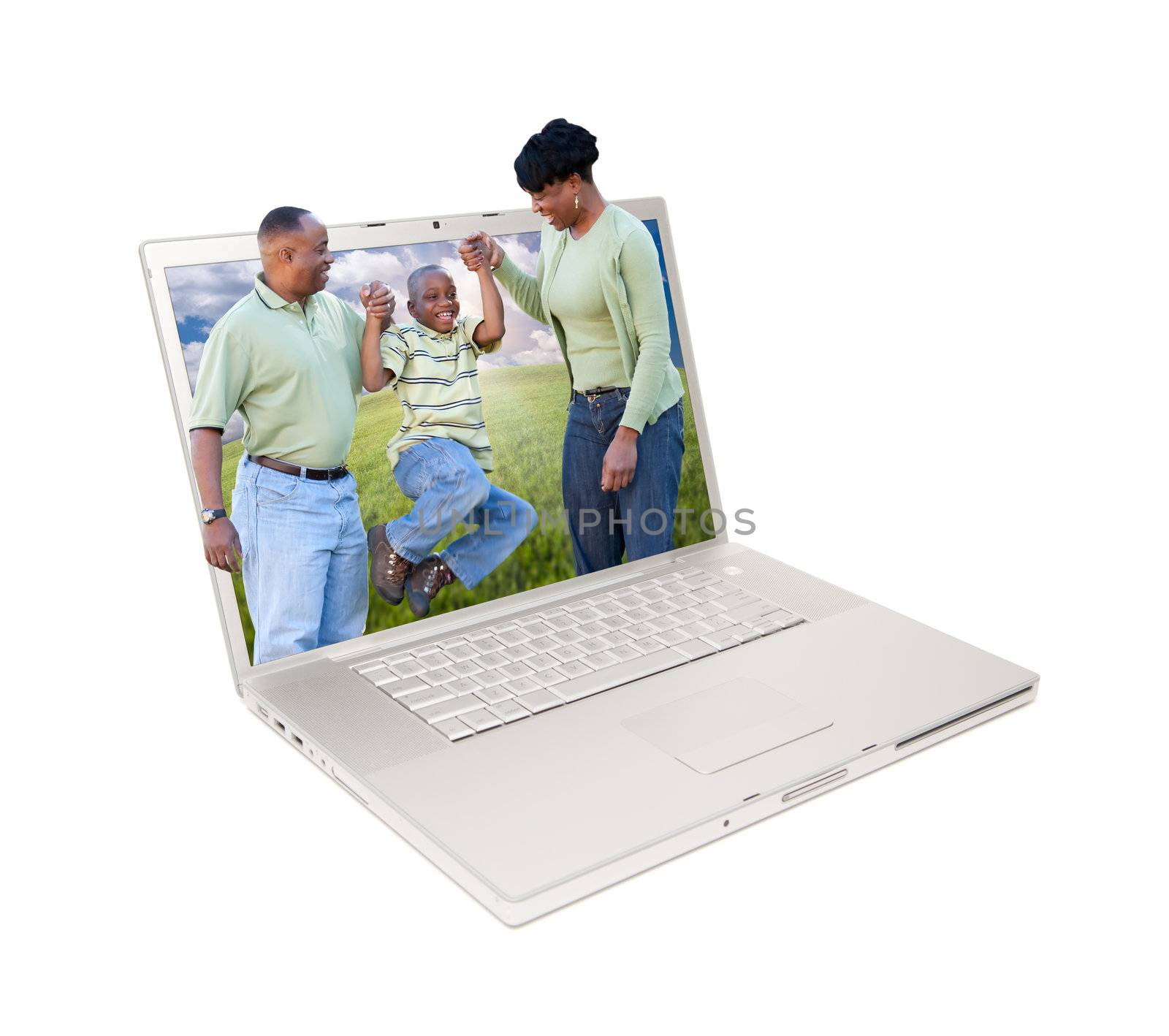 Happy African American Family in Laptop Screen Isolated on White.