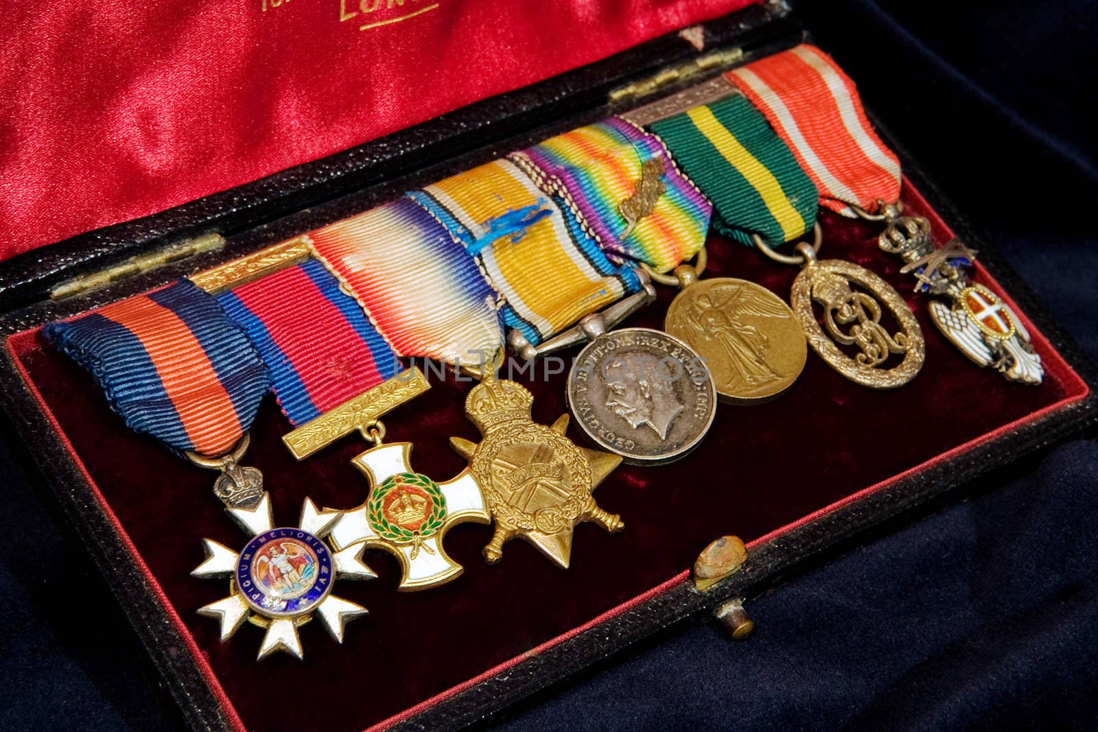 Box with English Vintage WWI medals on black