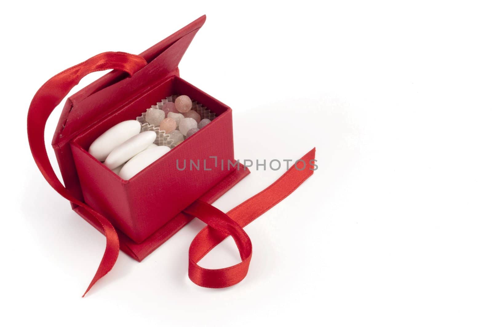 Opened wedding bonbonniere sweet box over with background