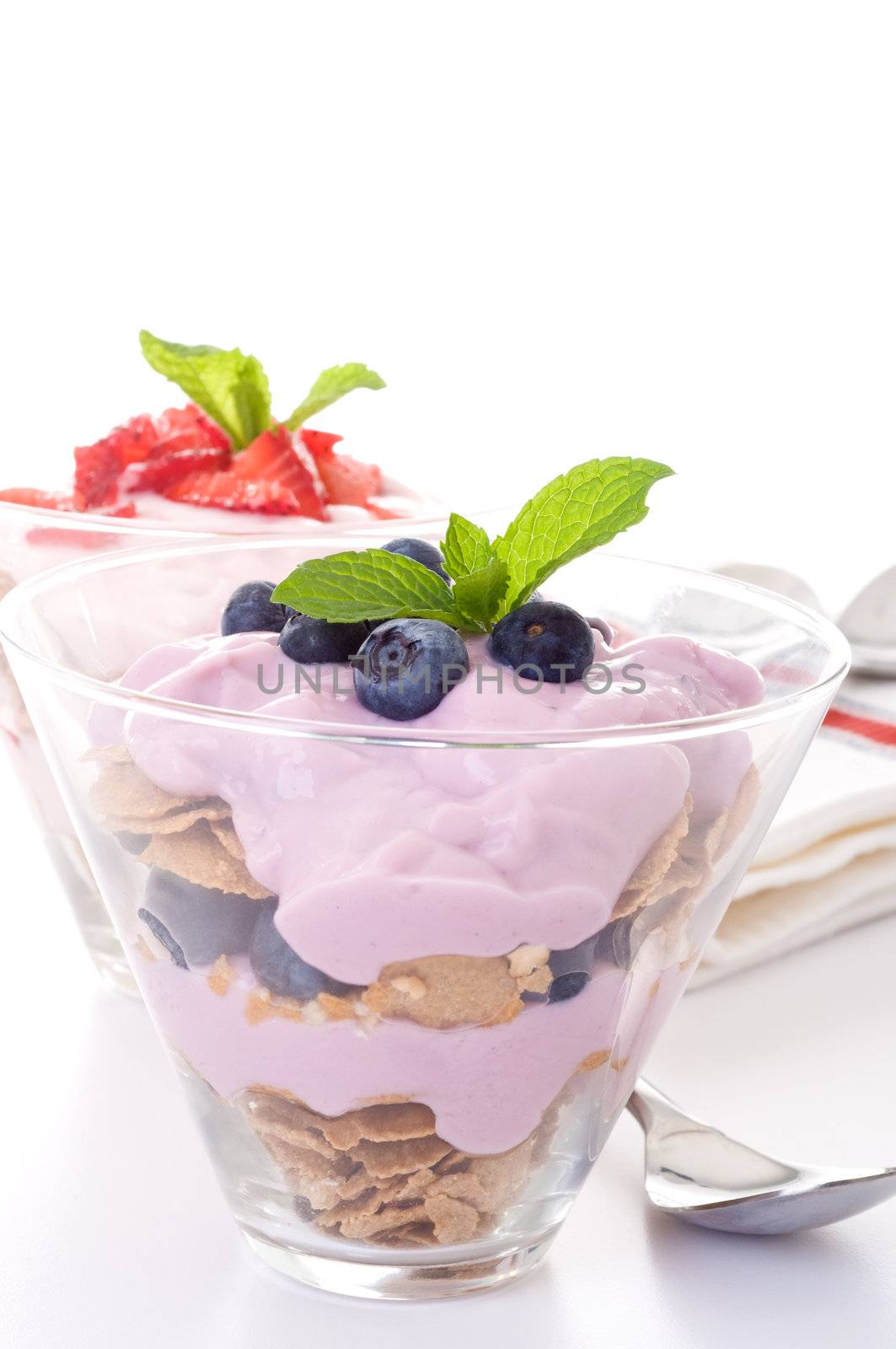 Delicious fruit and yogurt parfait in a glass.