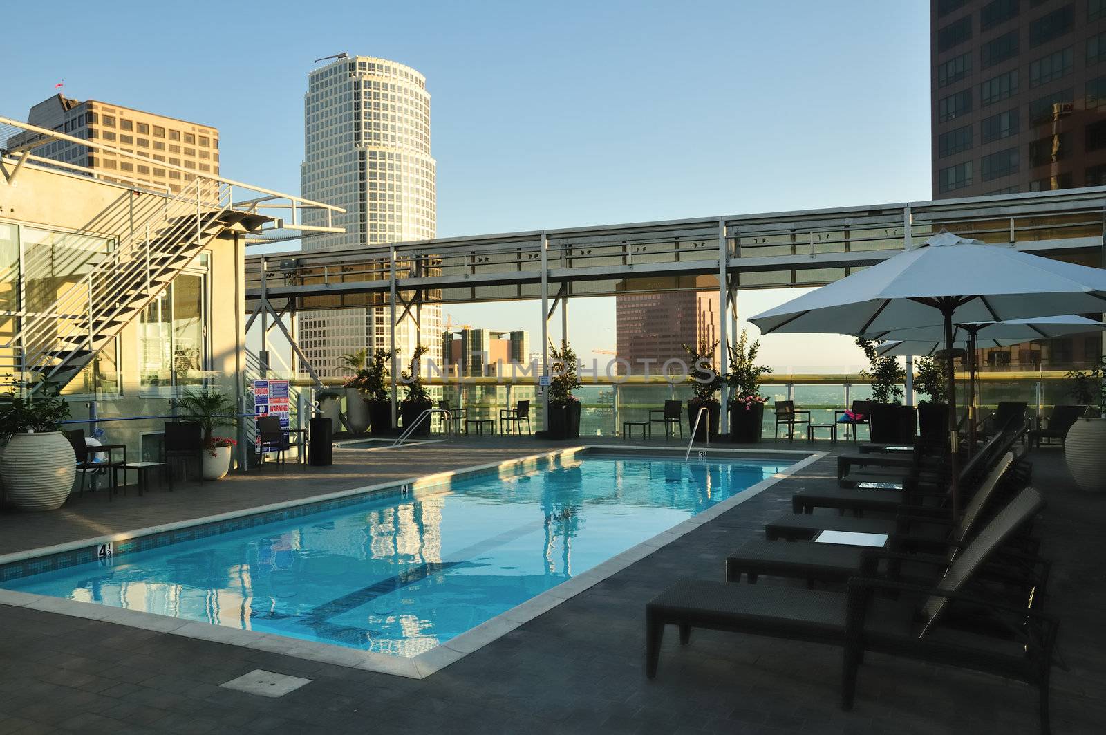 Rooftop swimming pool has a skyscraper view