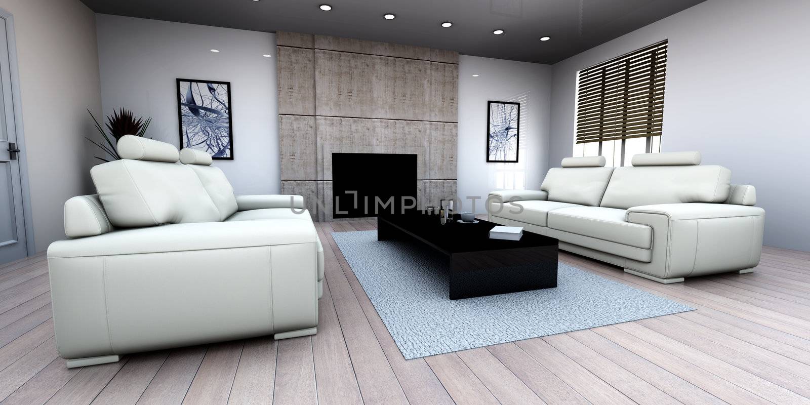 3D rendered Illustration. Interior visualisation of a living room.