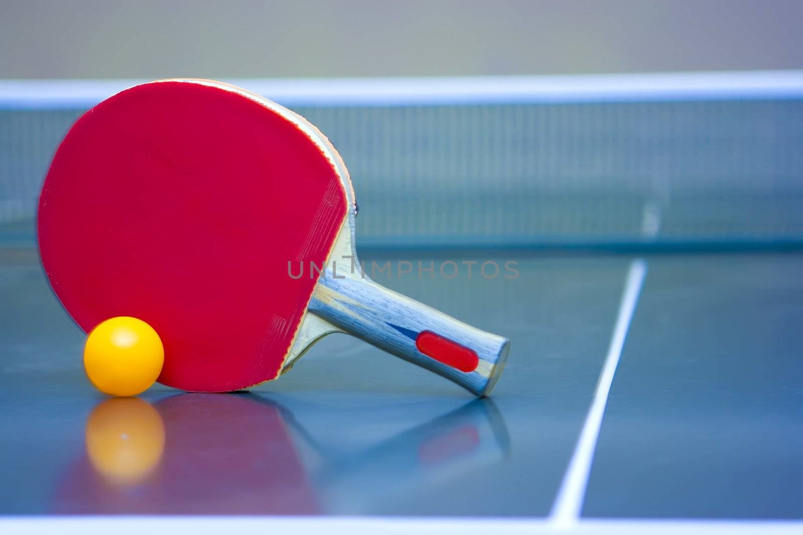 Ping pong ball and racket lying in the corner of the table
