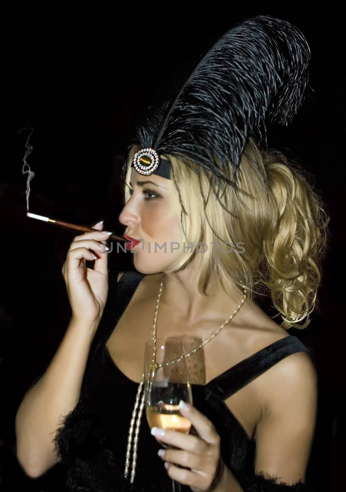 A beauty smoker with a glass of champaign and black colored feather