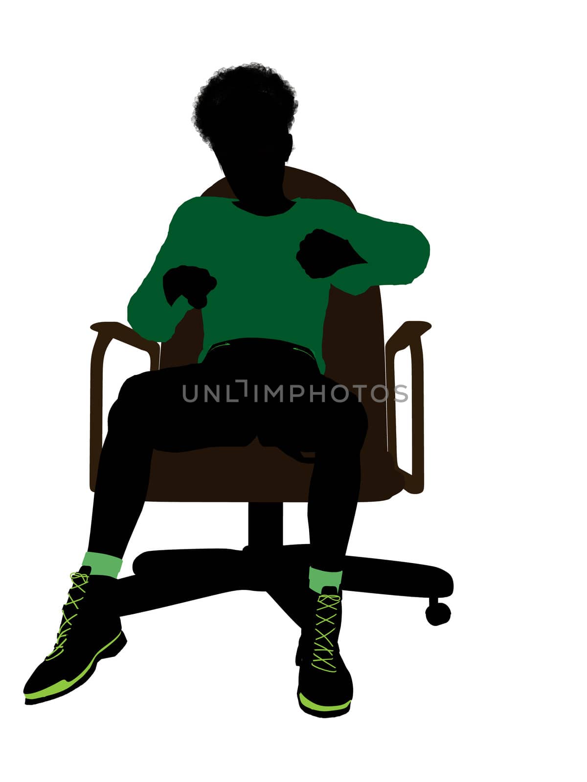 African American male teenager sitting in a chair silhouette on a white background