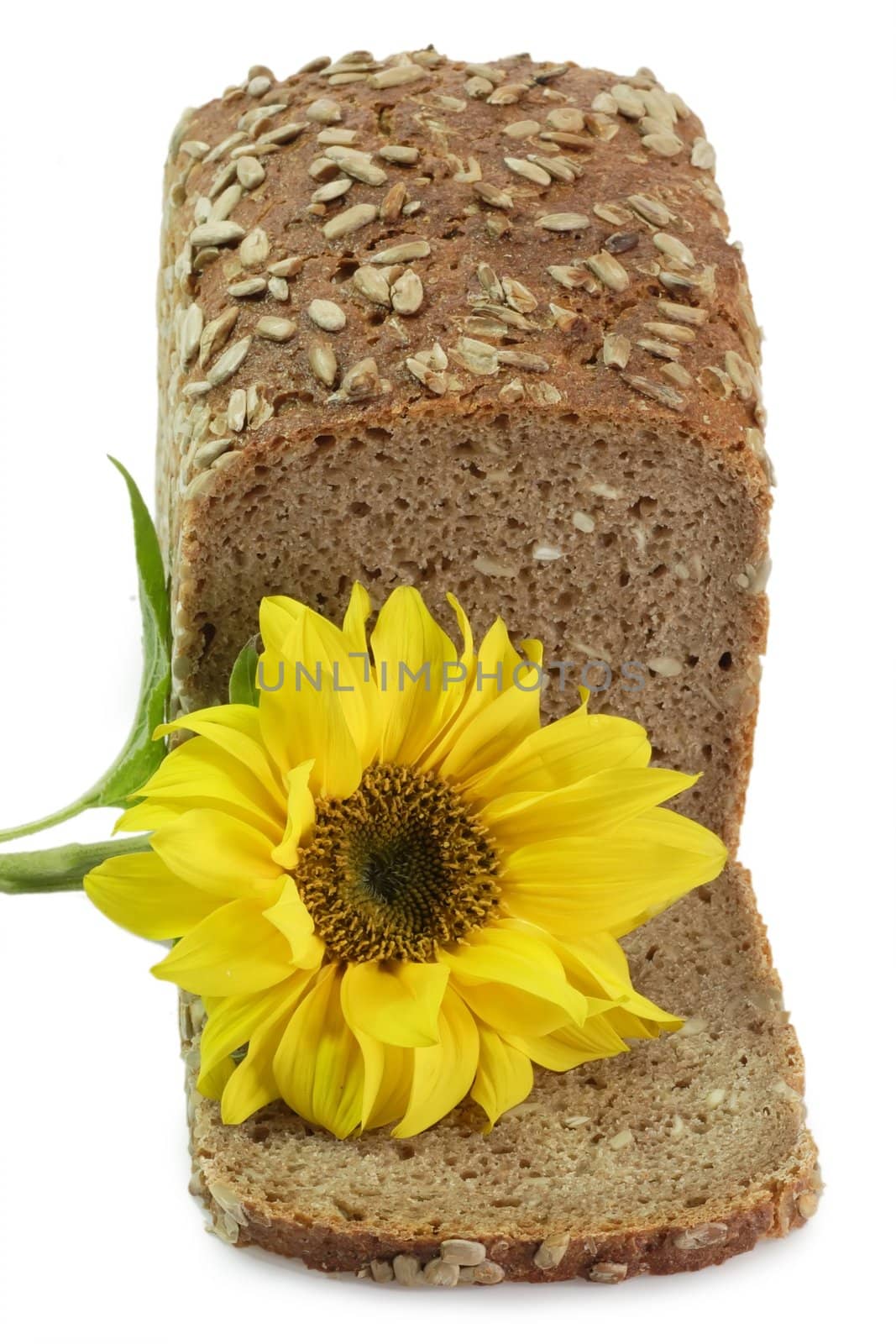 Sliced multi-grain-bread with sunflower on white background