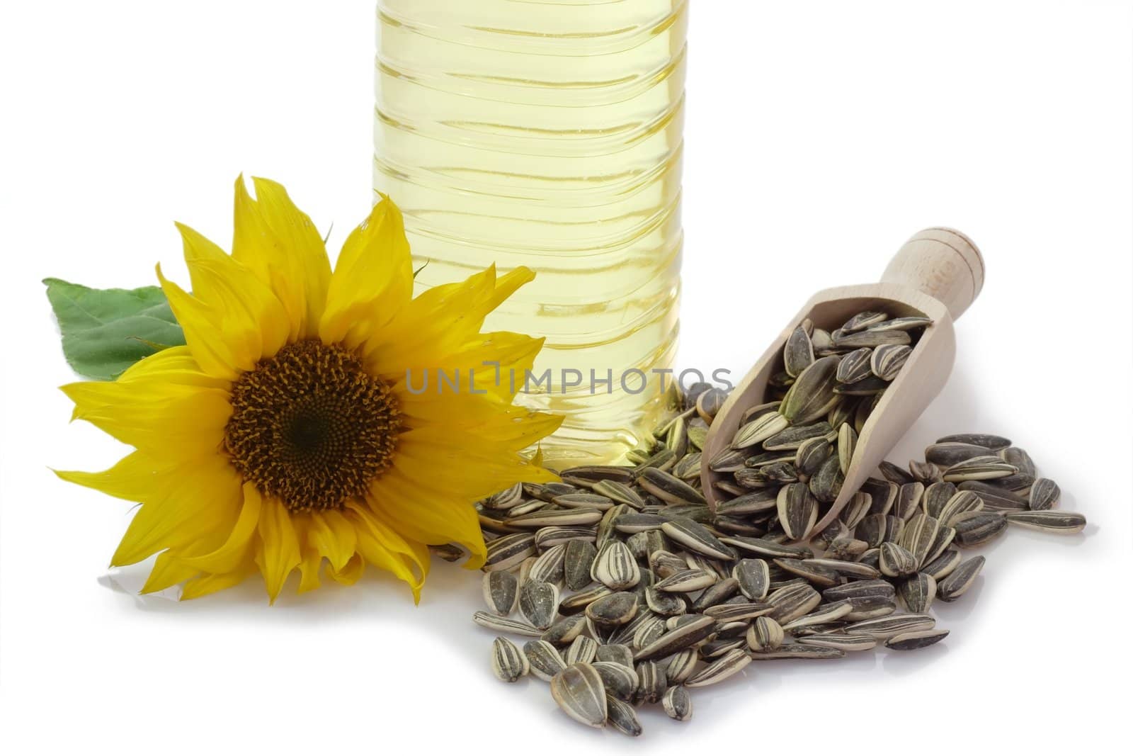 Sunflower seeds on a wooden shovel with sunflower blossom and oil bottle