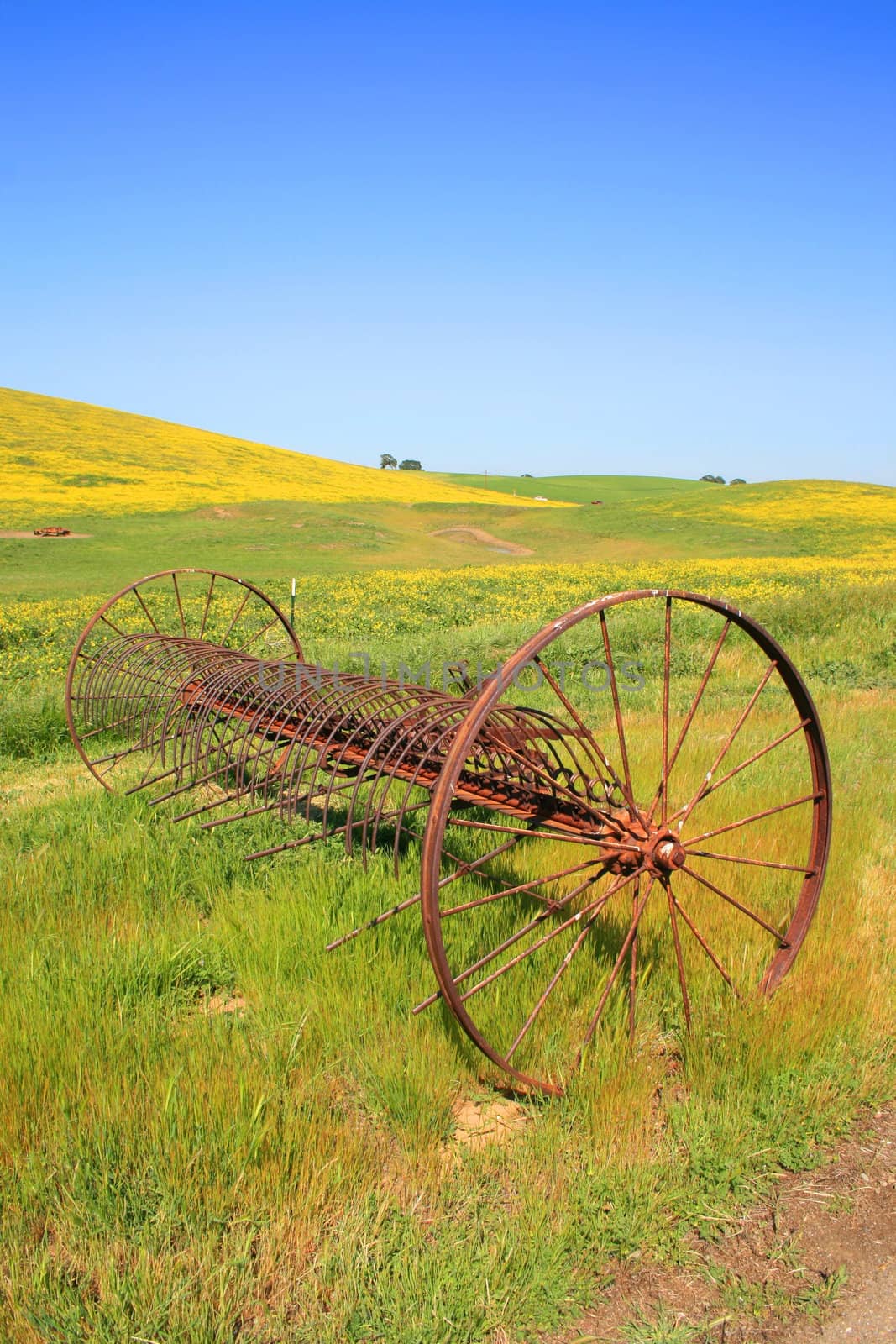 Close up of an old farm plow.
