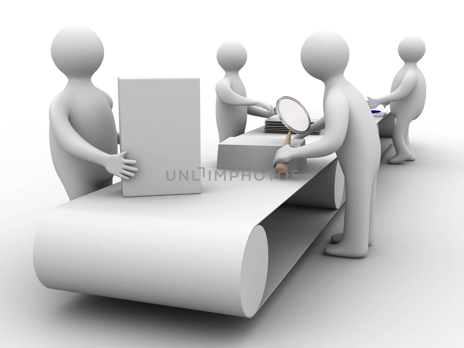 Work on the conveyor. 3D image. Isolated illustrations