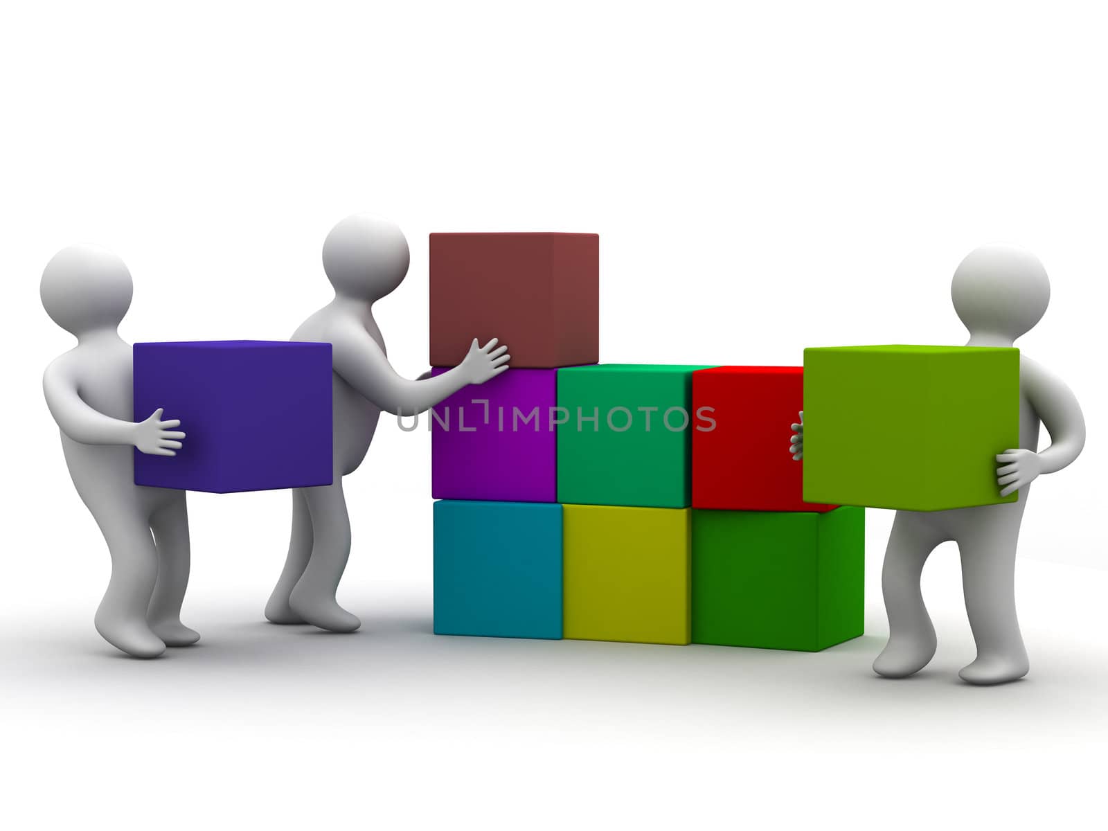 People collect puzzle. 3D image. Isolated illustrations