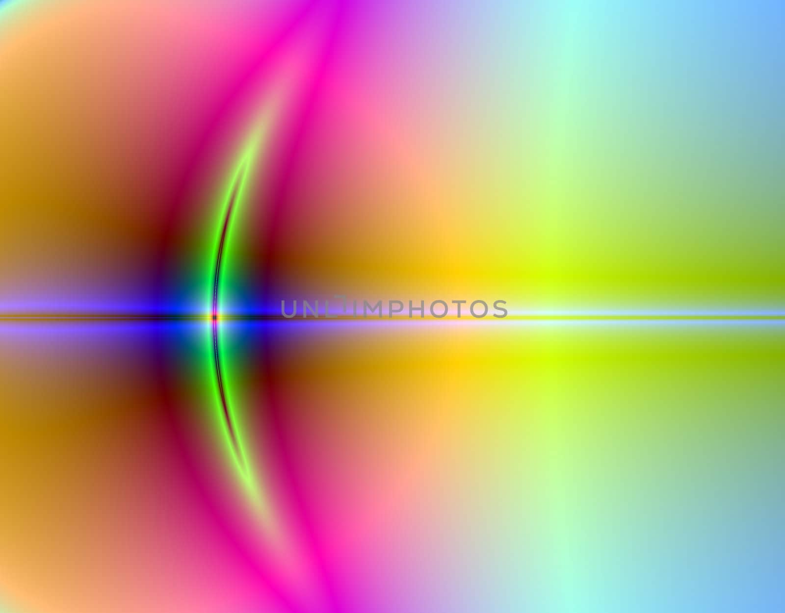 Abstract colorful fractal depiction of a lens with a beam shining through, such as lasik surgery on an eye.