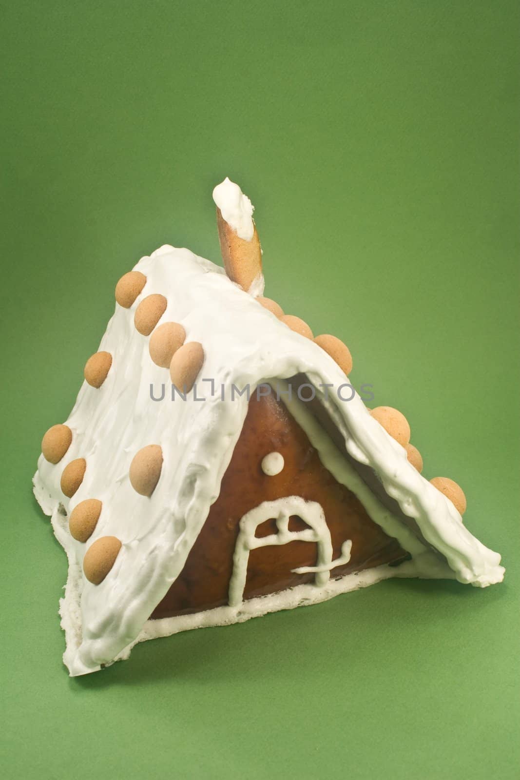 Gingerbread house on green background