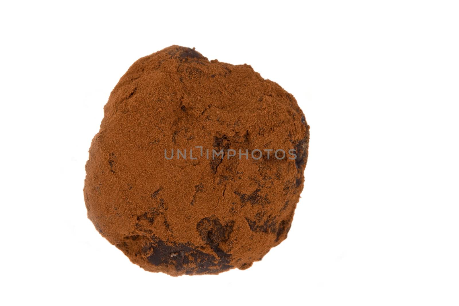 closeup of a home made chocolate praline isolated on white background