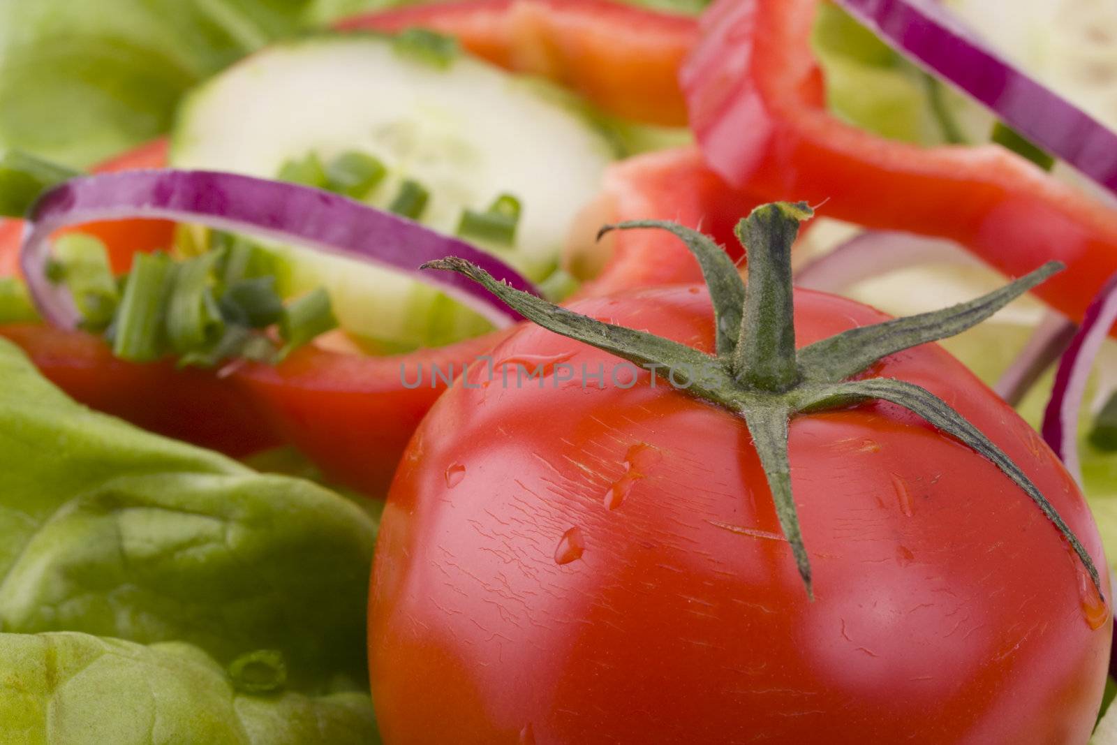 closeup of a tomato on a bed of salad by bernjuer
