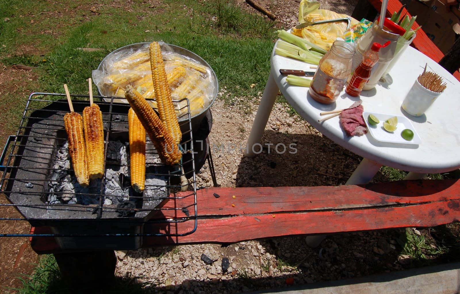 Cooked Corn on the Cob in outdoor restaurant in Chiapas, Mexico