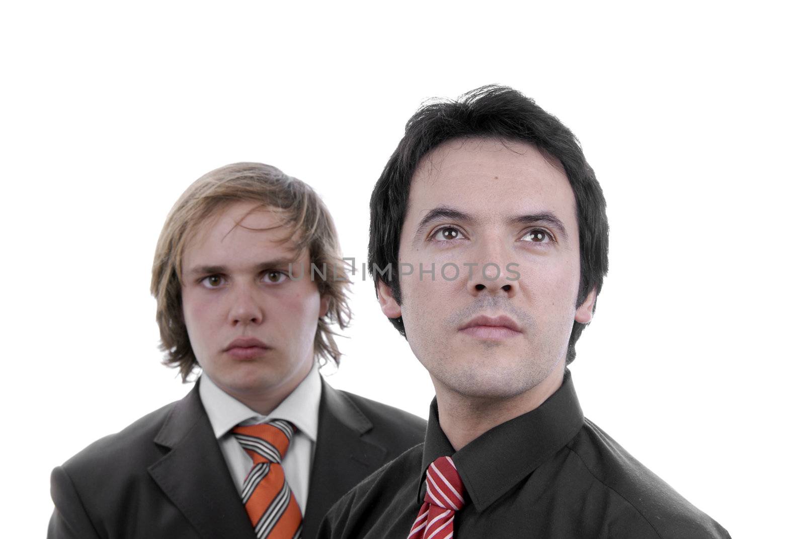 two young business men portrait on white. focus on the right man