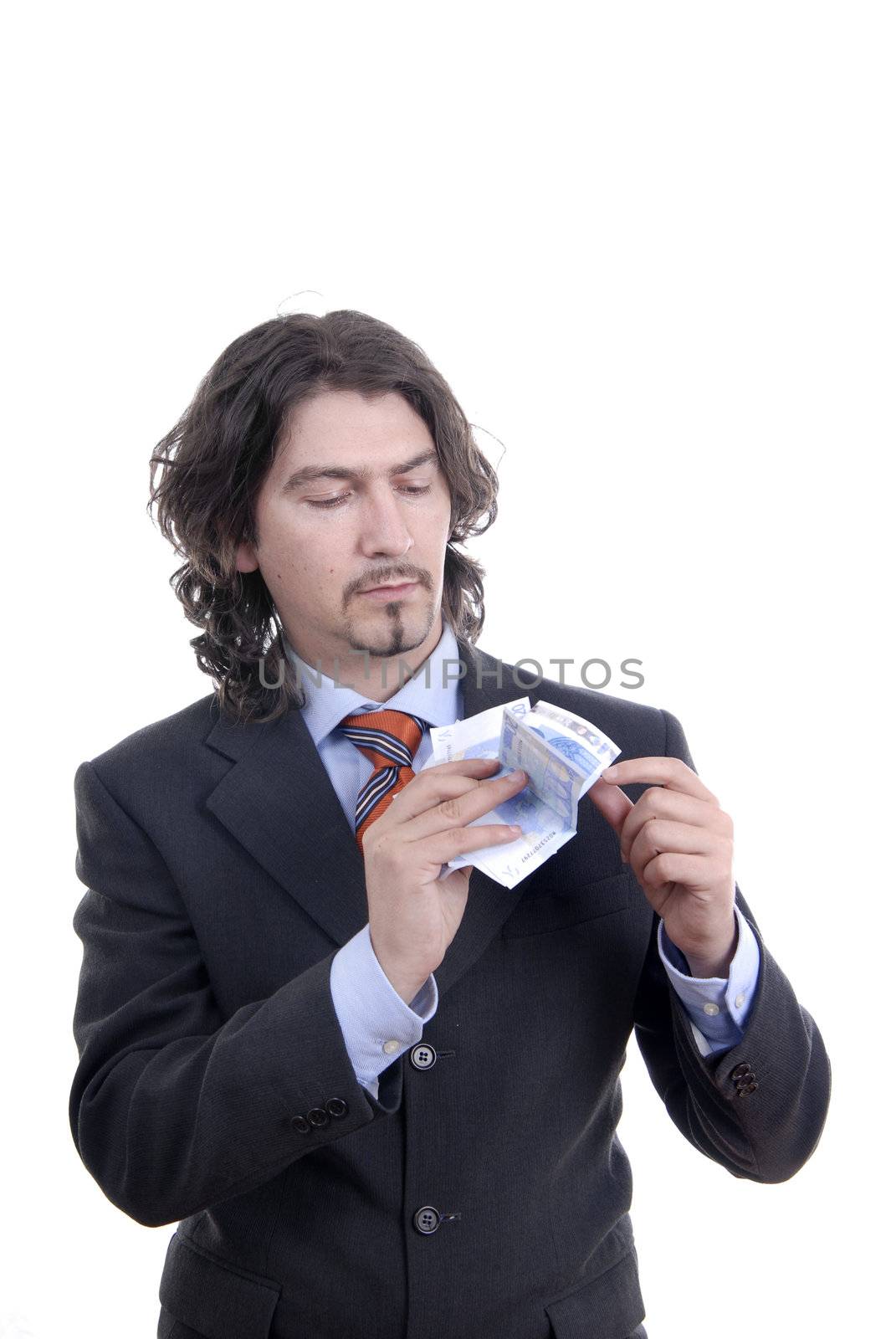 Business man holding money isolated on white