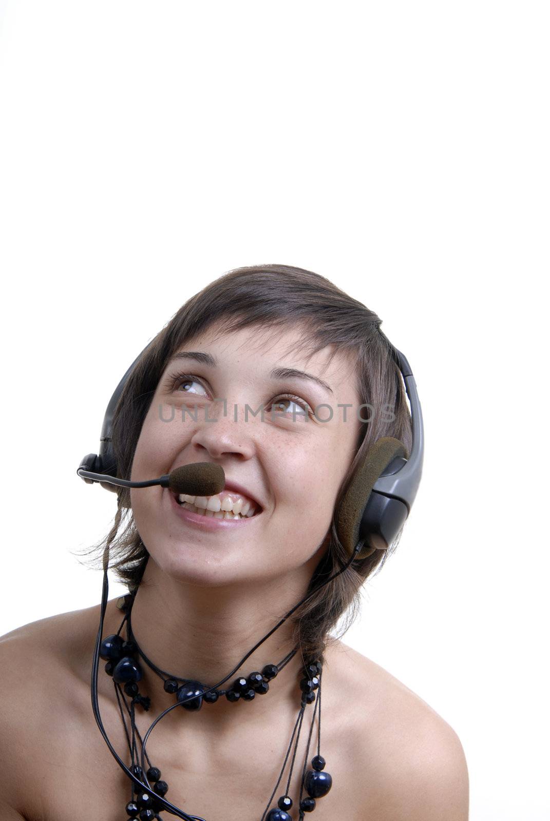 Woman secretary with hands free set answering a call