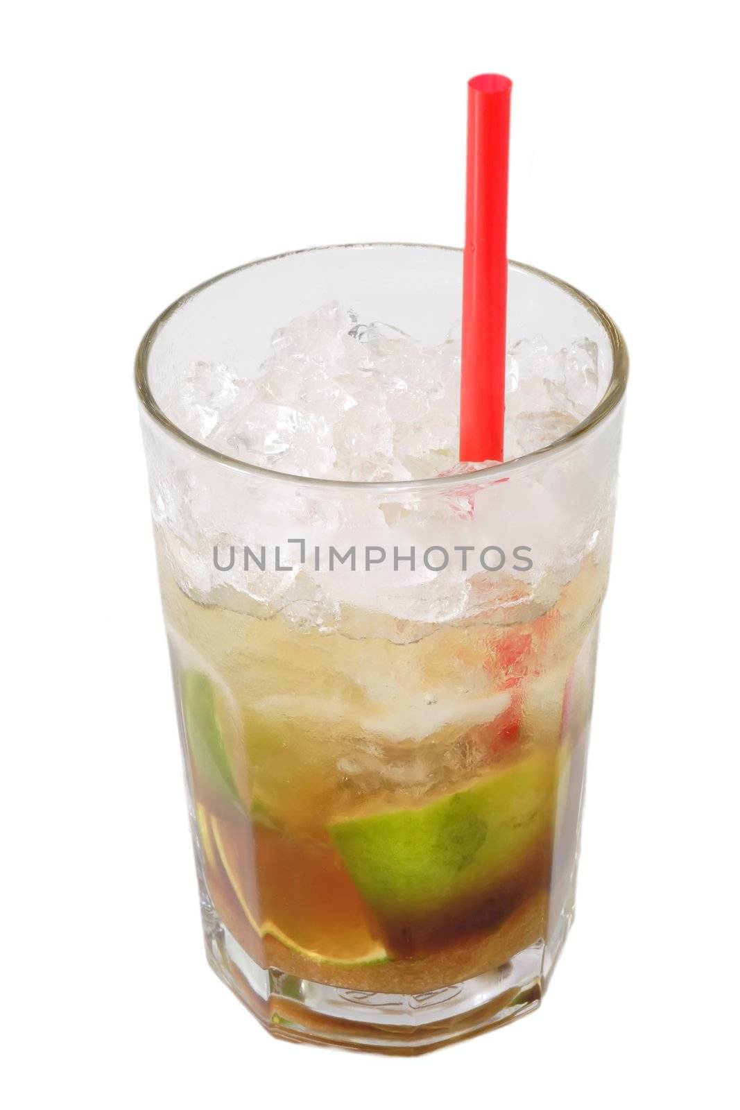 Caipirinha with limes and crushed ice on white background
