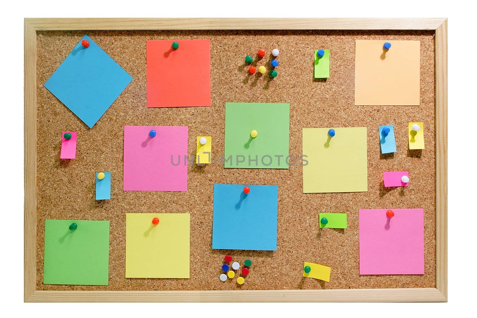  Colorful blank post it notes affixed to the corkboard.
