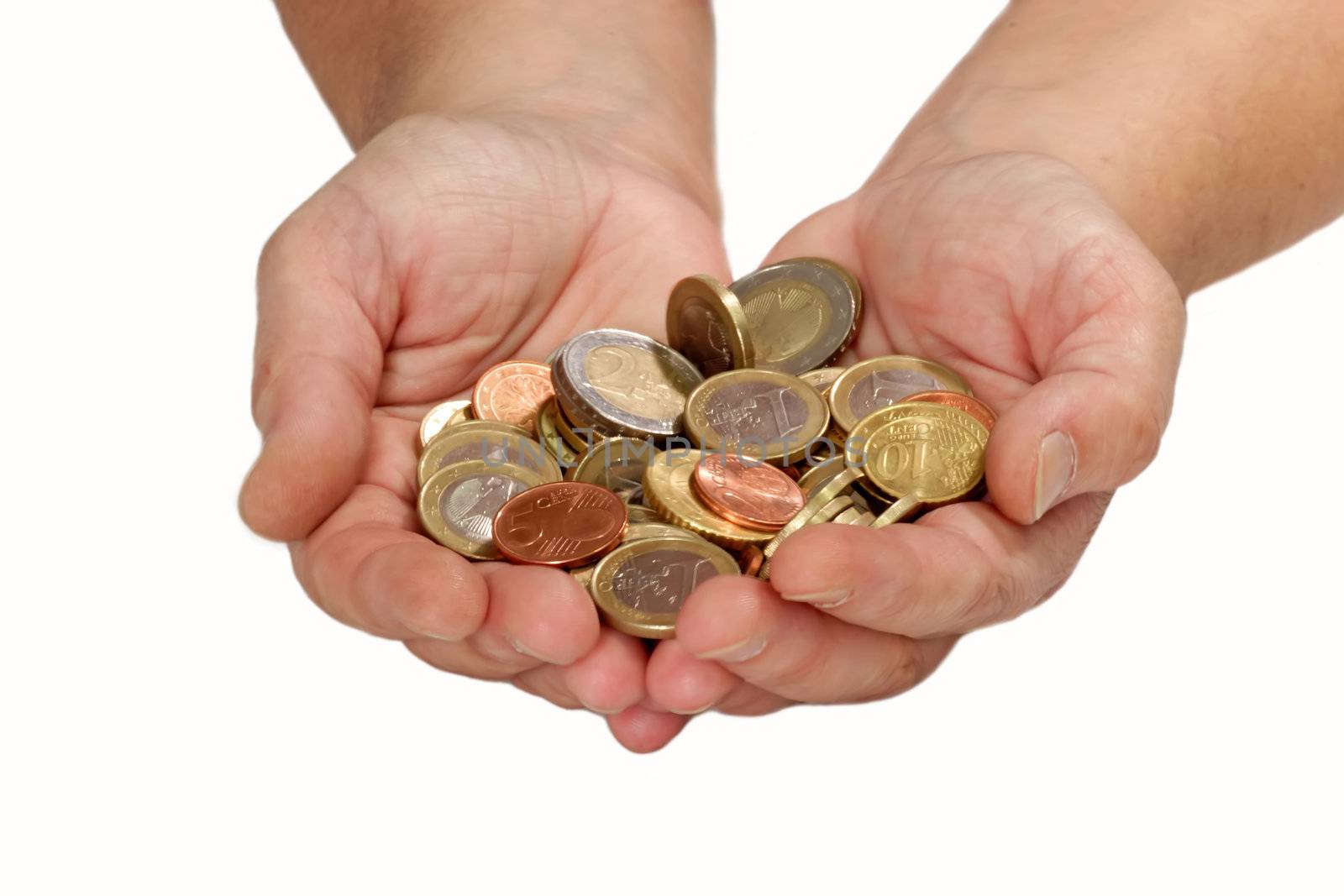 Two hands holding hard cash isolated on white background
