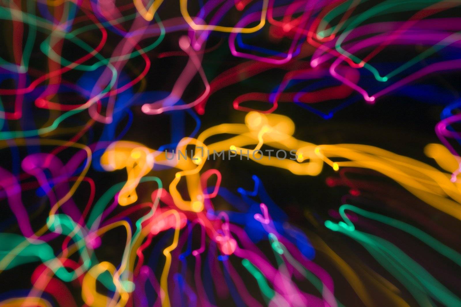 Multicolored lights forming abstract squiggle pattern from motion blur.