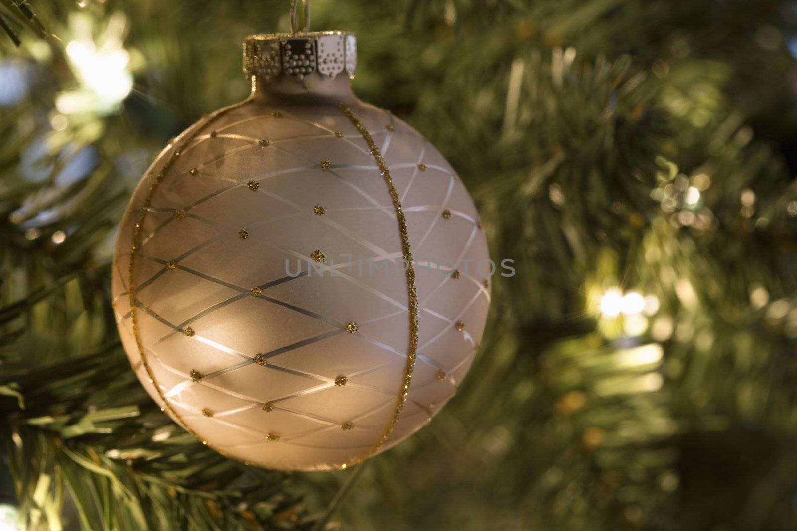 Close up of gold ornament hanging in Christmas tree.