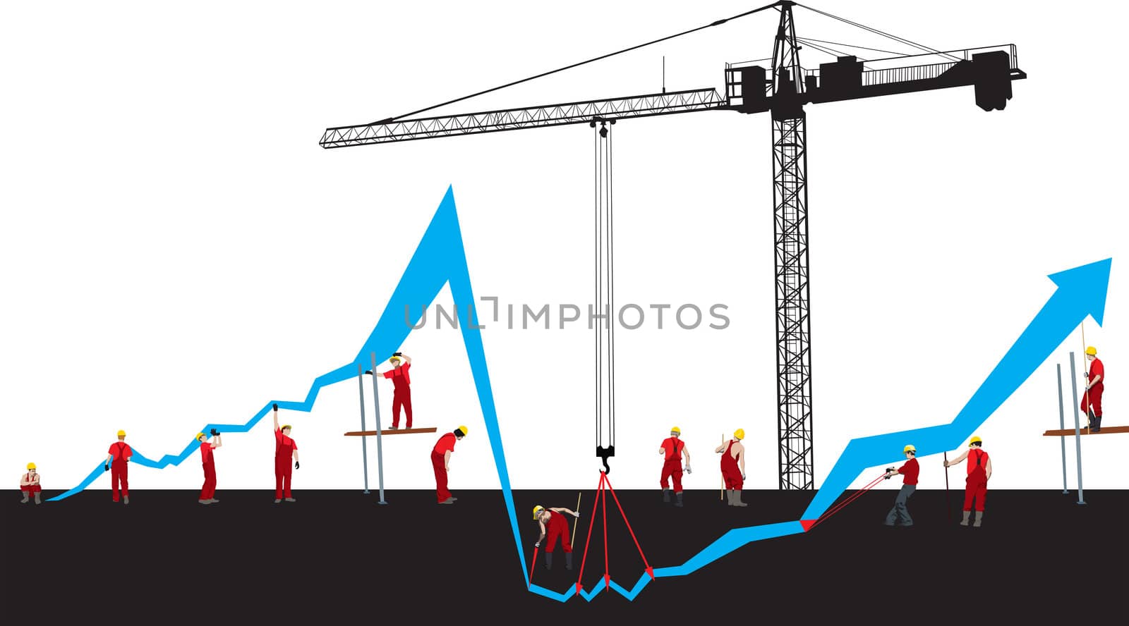 Vector Financial crisis and recover graph with construction workers and Hoisting crane