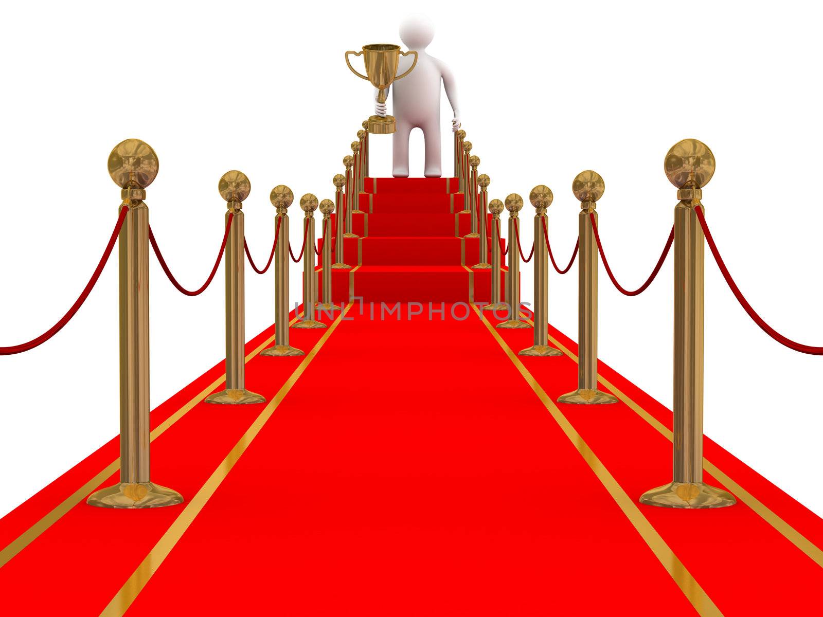 winner on a red carpet path. 3D image