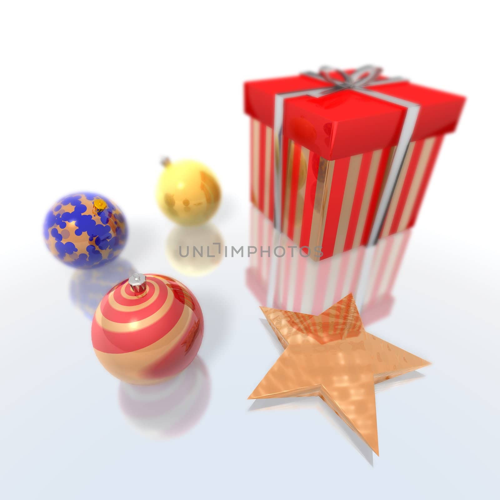 a 3d rendering of Christmas gift baubles and star