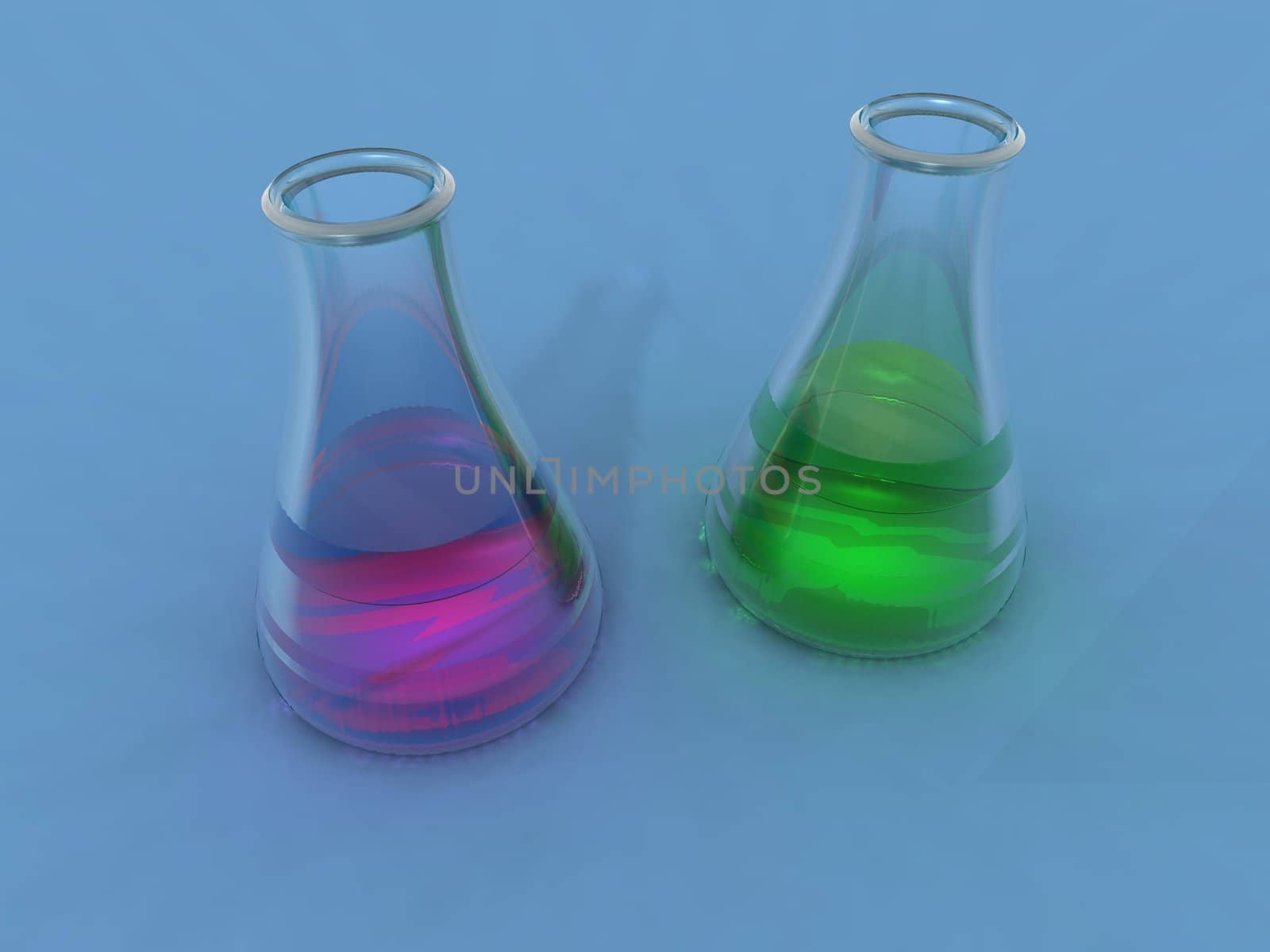 a 3d rendering of two laboratory bottles with colored liquids