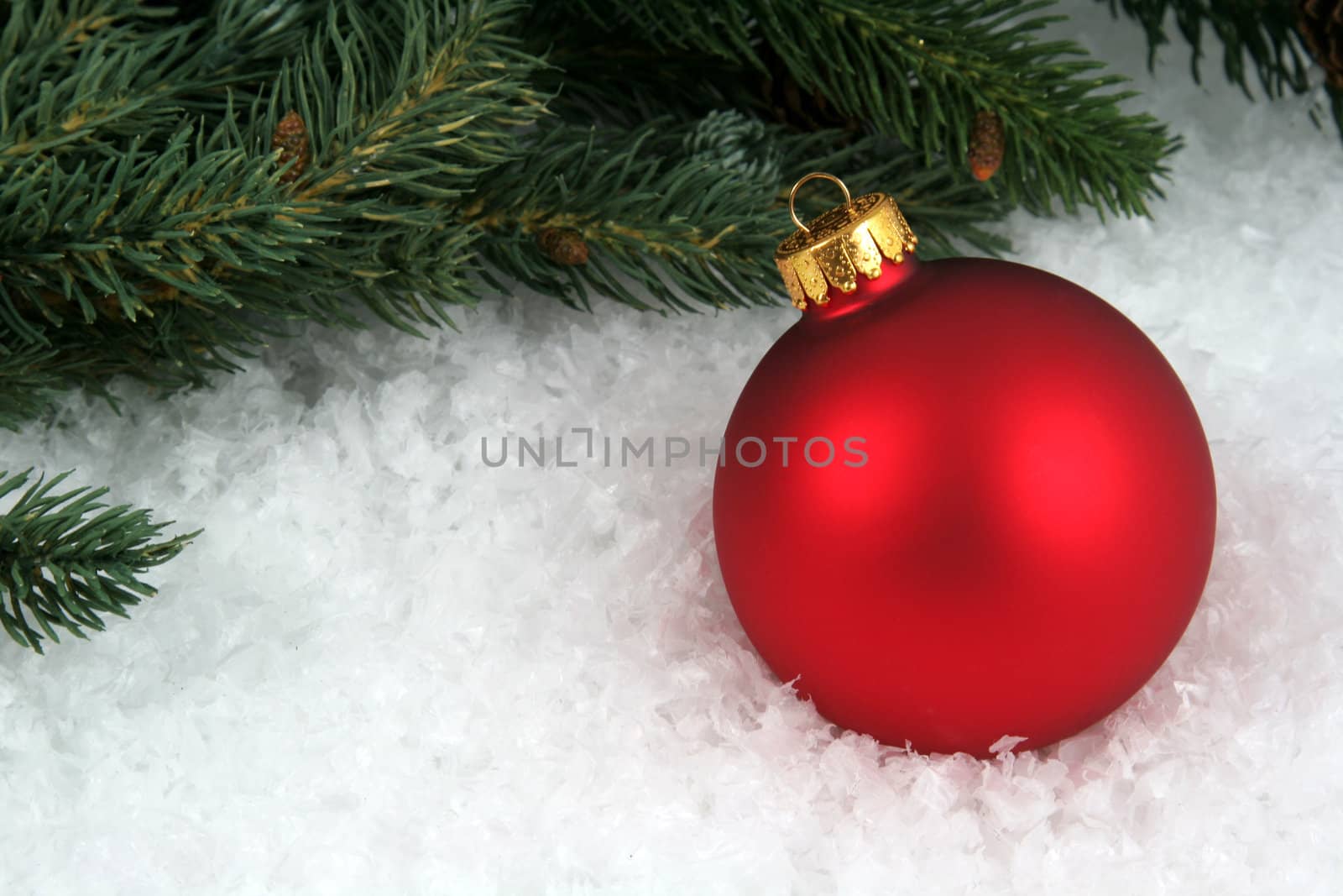 A red Christmas bauble sitting in a bed of snow with an evergreen branch.
